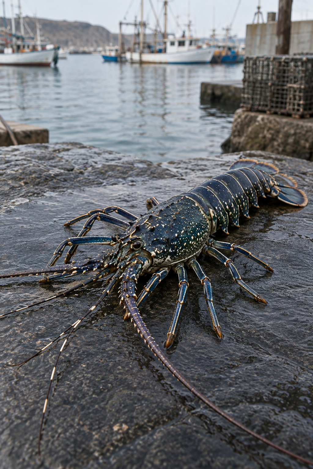 Dark blue spiny lobster on wet stone beside a fishing harbor