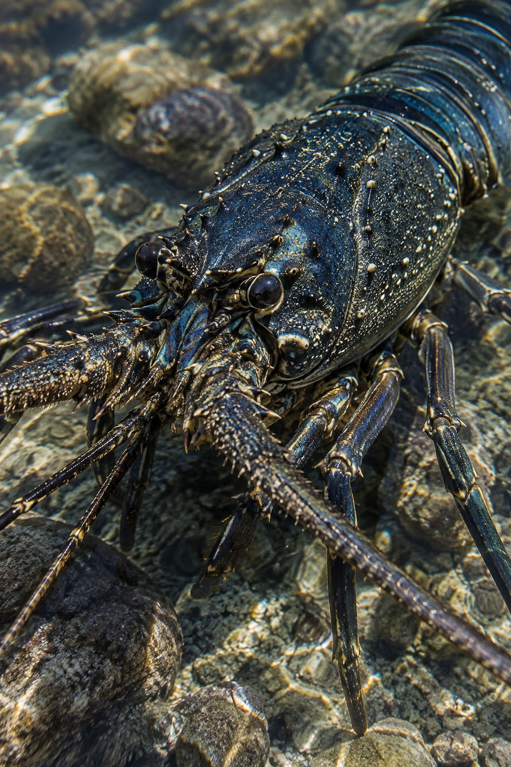 Close view of a dark blue spiny lobster in clear shallow seawater